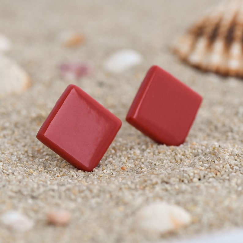 Red stud earrings, Red glass earrings, Square stud earrings, Simple earrings, Geometric earrings, Minimal stud earrings, Large stud earrings image 2