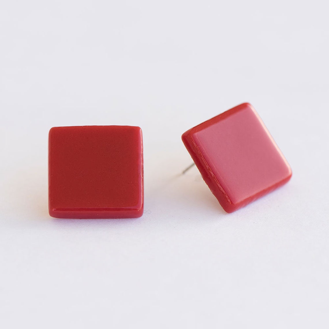 Red Stud Earrings Red Glass Earrings Square Stud Earrings Etsy UK