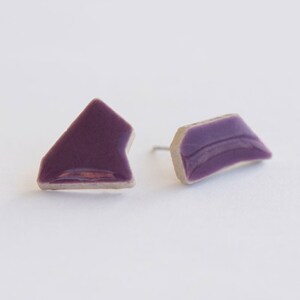 Purple stud earrings, Statement ceramic asymmetrical stud earrings, Unique funky jewelry gift for artists, Petro purple modern stud earrings image 2