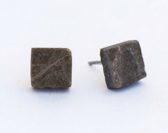 Brown marble earrings studs, brown square stone earrings with sterling silver posts for everyday