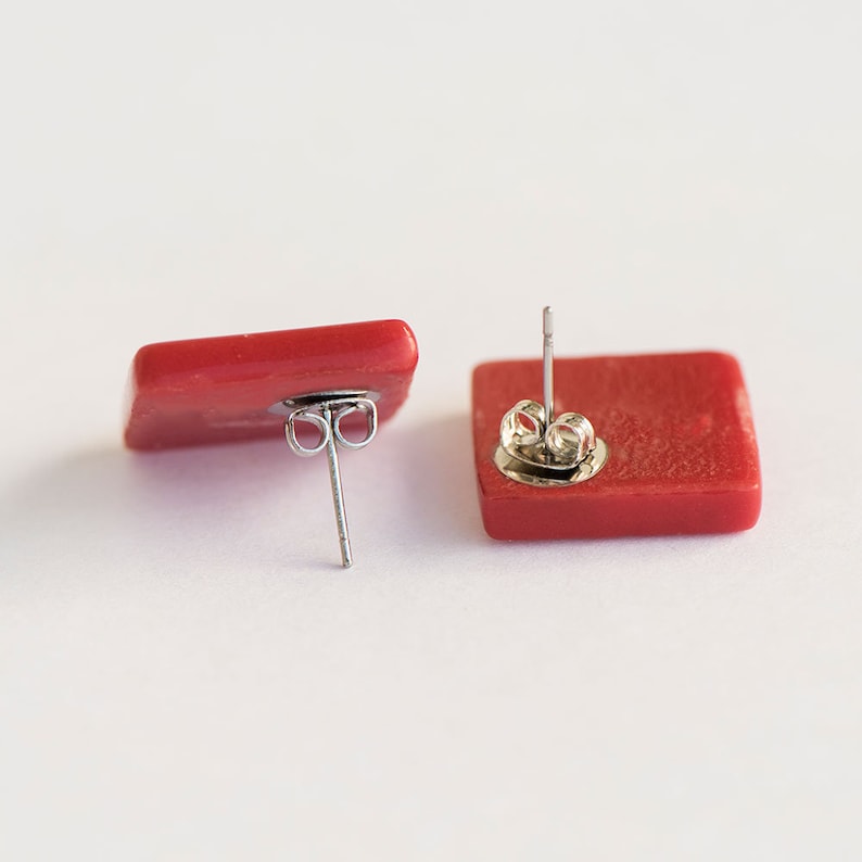 Red stud earrings, Red glass earrings, Square stud earrings, Simple earrings, Geometric earrings, Minimal stud earrings, Large stud earrings image 3