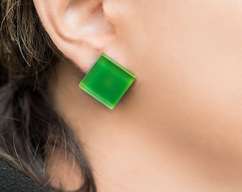 Green earrings, Green stud earrings, Modern earrings, Gift for women, Geometric earrings, Minimal earrings, Sterling silver earrings