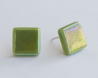 Green iridescent  stud earrings glass, square earrings with sterling silver studs, Green earrings unique, Green stud earrings for women gift