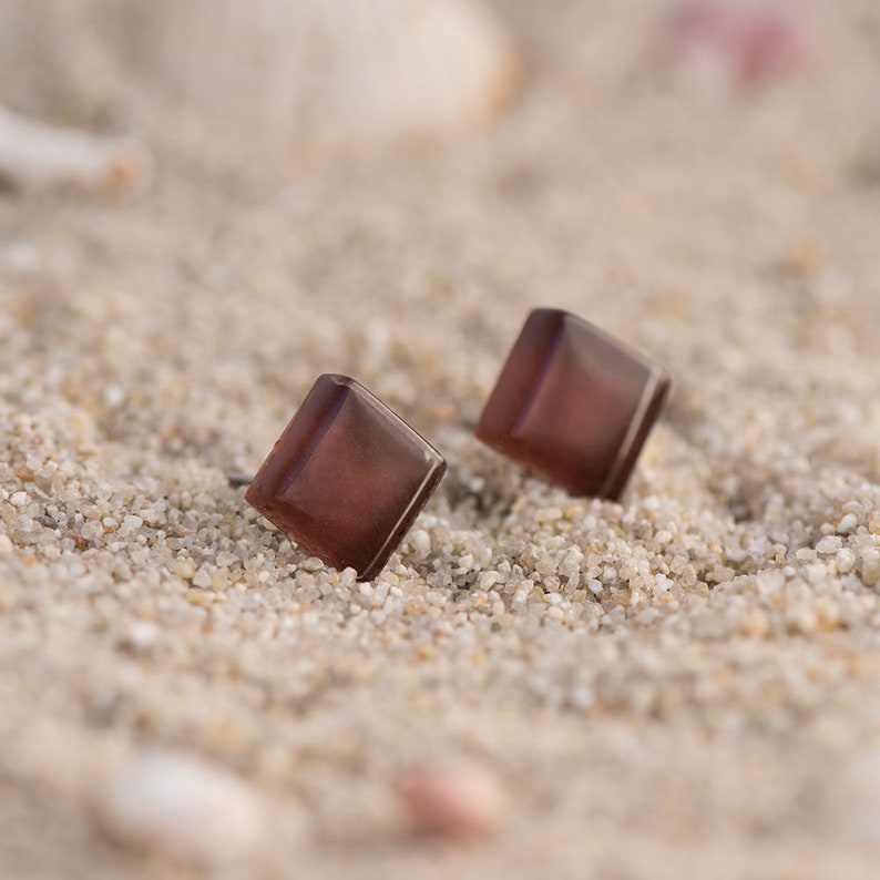 Brown glass earrings studs, Small gift stocking filler, Christmas gift, Gift under 20, minimalistic earrings for everyday image 2