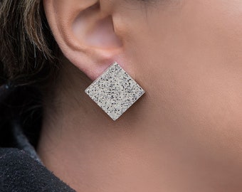 Grey earrings, Granite earrings, Ceramic stud earrings, Square earrings, Matte grey earrings, Big stud earrings, Everyday earrings