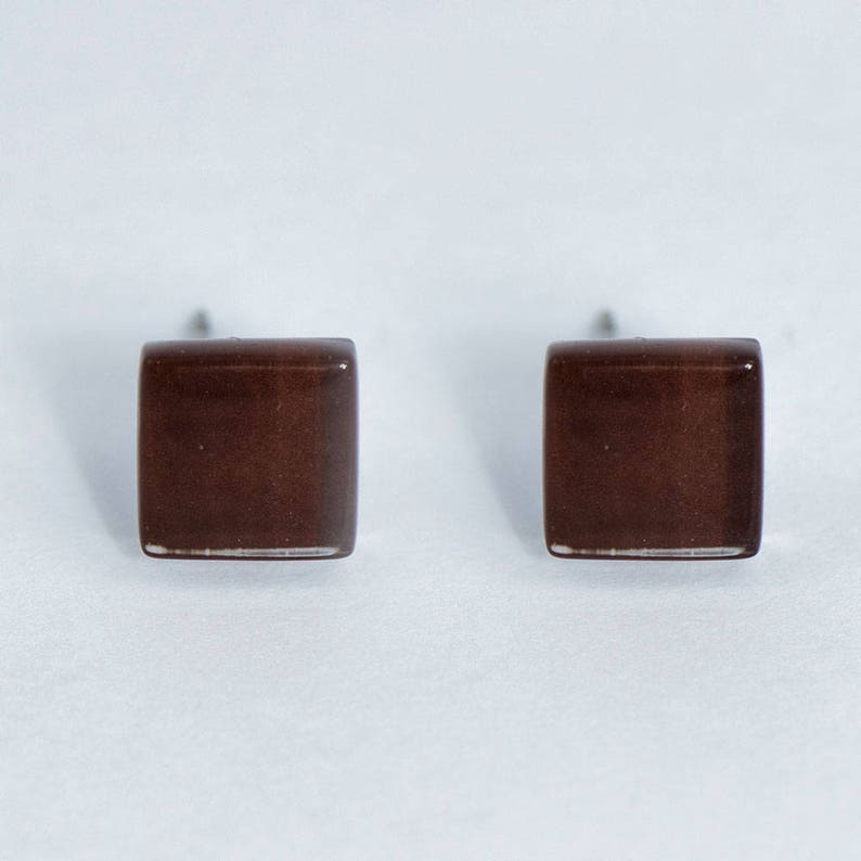 Brown glass earrings studs, Small gift stocking filler, Christmas gift, Gift under 20, minimalistic earrings for everyday image 3