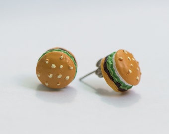 Burger earrings, polymer clay mini food earrings, fun stud earrings, Valentine's gift small fun, gift for burger lover