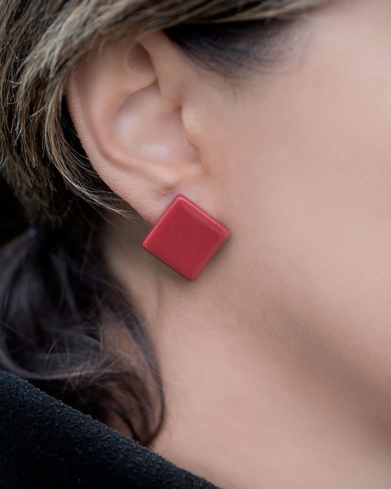 Red stud earrings, Red glass earrings, Square stud earrings, Simple earrings, Geometric earrings, Minimal stud earrings, Large stud earrings image 4