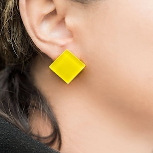 Yellow earrings, Yellow stud earrings, Yellow jewelry, Summer earrings, Simple earrings yellow, Everyday studs, Yellow square stud earrings