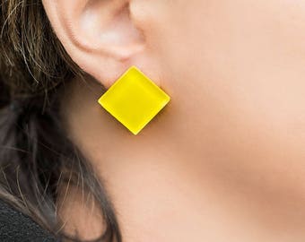 Yellow earrings, Yellow stud earrings, Yellow jewelry, Summer earrings, Simple earrings yellow, Everyday studs, Yellow square stud earrings