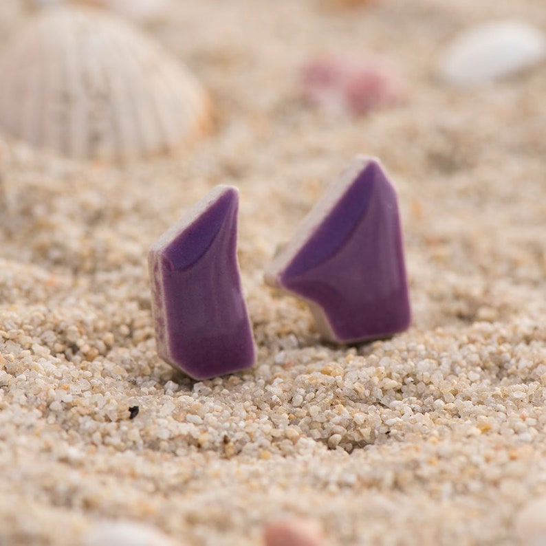 Purple stud earrings, Statement ceramic asymmetrical stud earrings, Unique funky jewelry gift for artists, Petro purple modern stud earrings image 1