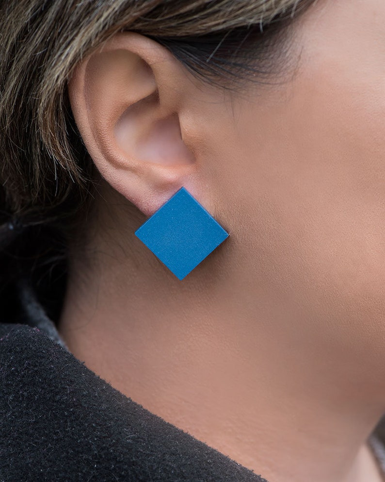 Blue earrings, Matte blue earrings, blue stud earrings, ceramic earrings, geometric earrings, minimal earrings image 2