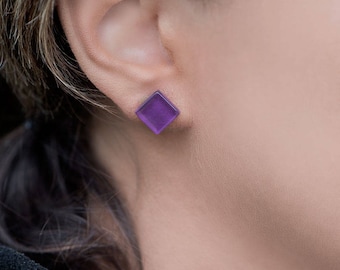 Purple stud earrings, geometric earrings, square stud earrings, small stud earrings, surgical steel posts, minimal earrings