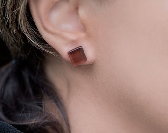 Brown glass earrings studs, Small gift stocking filler, Christmas gift, Gift under 20, minimalistic earrings for everyday