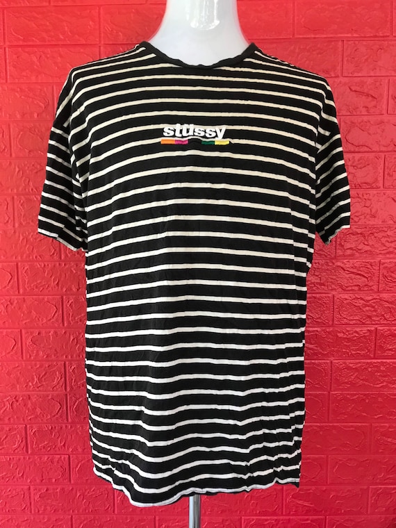VTG Stussy Striped Tshirt Sz L Streetwear Hiphop