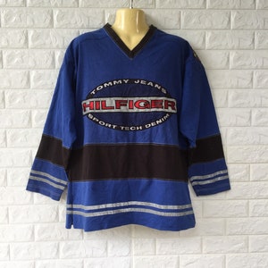 Rare!!! Vintage Tommy Hilfiger Sport Teach Denime Rugby Design Shirt Longsleeve Sz L Hip Hop rappers swagger Streetwear Adidas Polo Sport