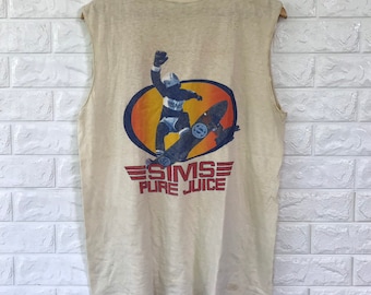 Rare!!! VTG 70s Sims Pure Juice Skateboards Crop Sleeve Paperthin Tshirt Sz LARGE