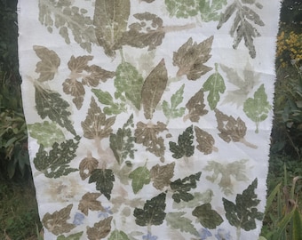 Eco Print Linen Fabric: Hand-Dyed Summer Leaves, Botanical Art - 14.5x43.3 in