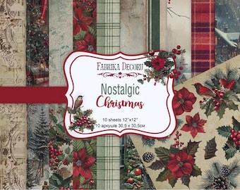 Set di carta per scrapbooking natalizio nostalgico: stampa fronte-retro per la creazione di biglietti di auguri natalizi