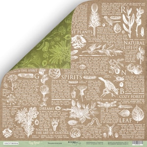 May include: A scrapbook paper sheet with a botanical theme. The paper features a brown background with white illustrations of plants, insects, and text. A corner of the paper is folded over, revealing a green floral pattern.