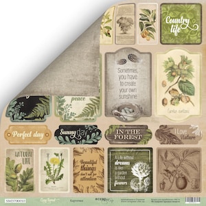 May include: A collection of decorative paper cutouts with a nature theme. The designs include botanical illustrations, inspirational quotes, and phrases like "Sunny Day" and "Country Life." The color palette features earthy tones of brown, green, and beige.