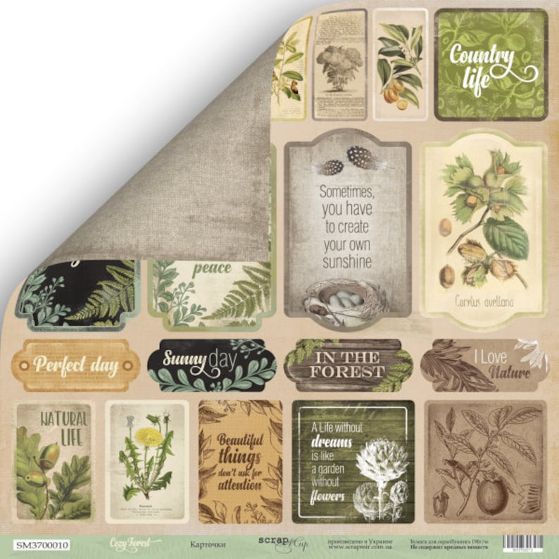 May include: A collection of decorative paper cutouts with a nature theme. The designs include botanical illustrations, inspirational quotes, and phrases like "Sunny Day" and "Country Life." The color palette features earthy tones of brown, green, and beige.