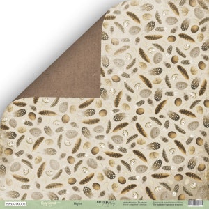May include: Decorative paper with a repeating pattern of feathers and eggs in shades of brown, beige, and cream. The paper has a vintage aesthetic, with a folded corner revealing a solid brown backing.