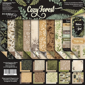 Scrapbooking Papier 30x30cm in Cozy Forest | Set für Scrapbook Doppelseitig | Scrapbooking Papier in Brauntönen mit Waldgrün. NICHT DIGITALES PAPIER