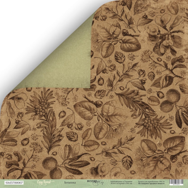 May include: A sheet of scrapbook paper with a botanical design. The front side features a brown background with detailed sepia-toned illustrations of leaves, flowers, and berries. The corner is folded to reveal a muted green reverse side. The text "Cozy Forest" and "Botanika" are visible.