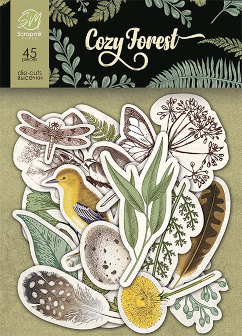May include: A collection of die-cut paper pieces with a nature theme. Includes a yellow bird, dragonfly, butterfly, leaves, feathers, and a dandelion. The package is labeled "Cozy Forest" with 45 pieces.
