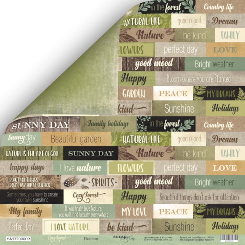 May include: A decorative paper sheet with a collage of text blocks in various colors and fonts. The text includes phrases like "Sunny Day," "Happy," "Nature," and "My Family." The overall theme suggests a scrapbook or craft paper with inspirational quotes.