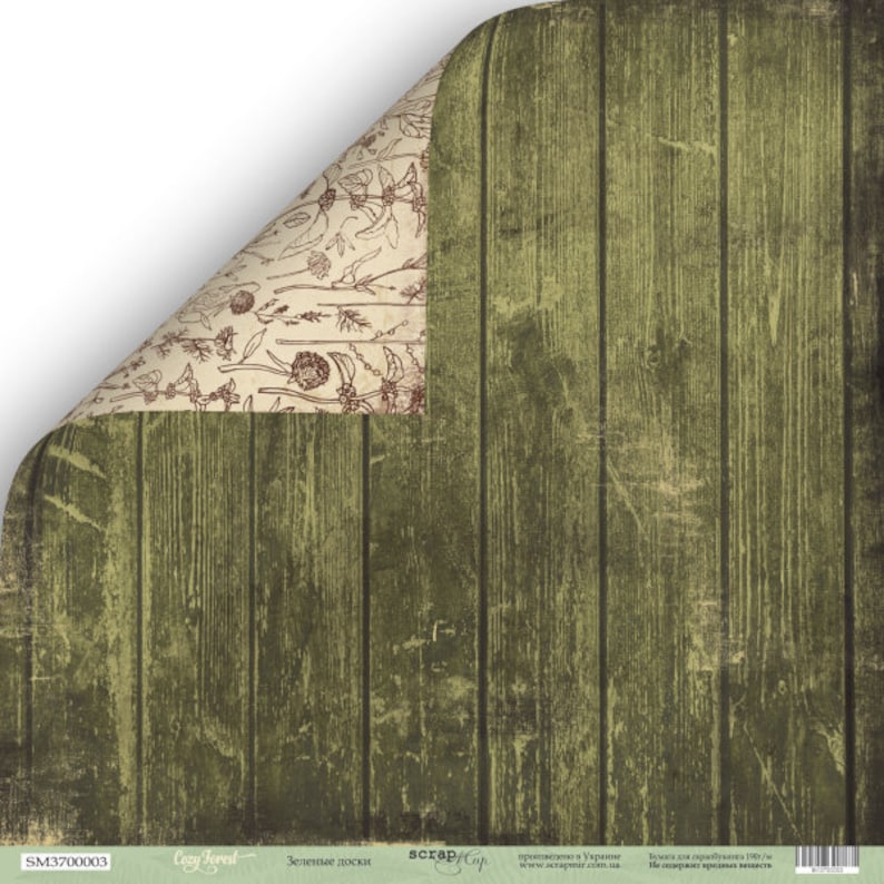 May include: Double-sided scrapbook paper. One side features a distressed green wood grain pattern. The other side has a beige background with a botanical design in brown. The paper is slightly curled, revealing both sides.