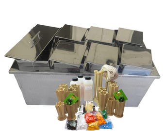 May include: A set of stainless steel candle making molds with lids, wooden candle wicks, and colorful candle dye chips. The set also includes star-shaped candle molds and a clear plastic bottle of candle wax.