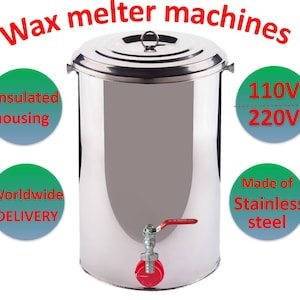 Puede incluir: Máquina de fundir cera de acero inoxidable con carcasa aislada, un grifo rojo y una tapa. La máquina está disponible en 110V y 220V.