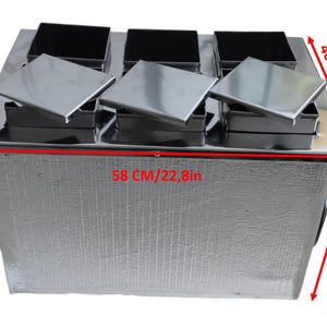 May include: A stainless steel ice cream mold with four individual compartments. The mold measures 15.7 inches wide, 22.8 inches long, and 17.7 inches high.