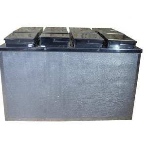 May include: A stainless steel ice cream display case with eight compartments, each with a black lid. The case has a textured, silver-colored front panel.
