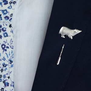 Badger lapel pin boutonniere, hand carved design. Sterling silver lapel pin or brooch. Animal gift for him by Rosalind Elunyd jewellery