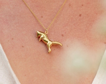 Jumping Fox Necklace | Hand Carved Design in Sterling Silver, Gold, Rose Gold | Personalised Animal Pendant by Rosalind Elunyd Jewellery