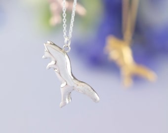 Jumping Fox Necklace | Hand Carved Design in Sterling Silver, Gold, Rose Gold | Personalised Animal Pendant by Rosalind Elunyd Jewellery