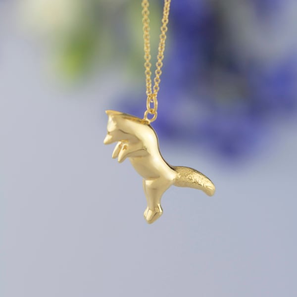 Solid Gold Pouncing Fox Necklace. 9ct 18ct or 22ct. Hand Carved Design. Wildlife Personalised Animal Pendant by Rosalind Elunyd Jewellery