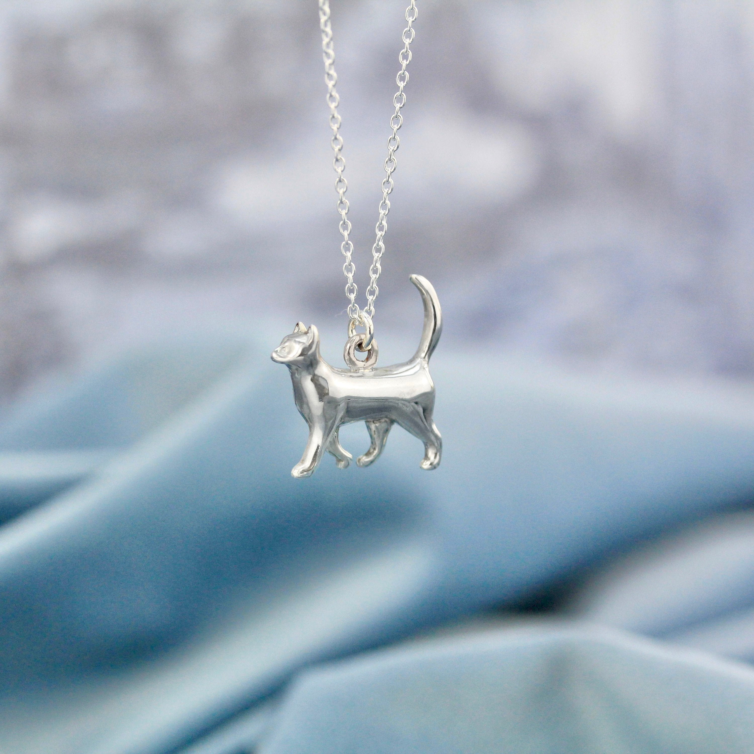 Cat Necklace Sterling Silver Cat Pendant Hand Carved Design Pet
