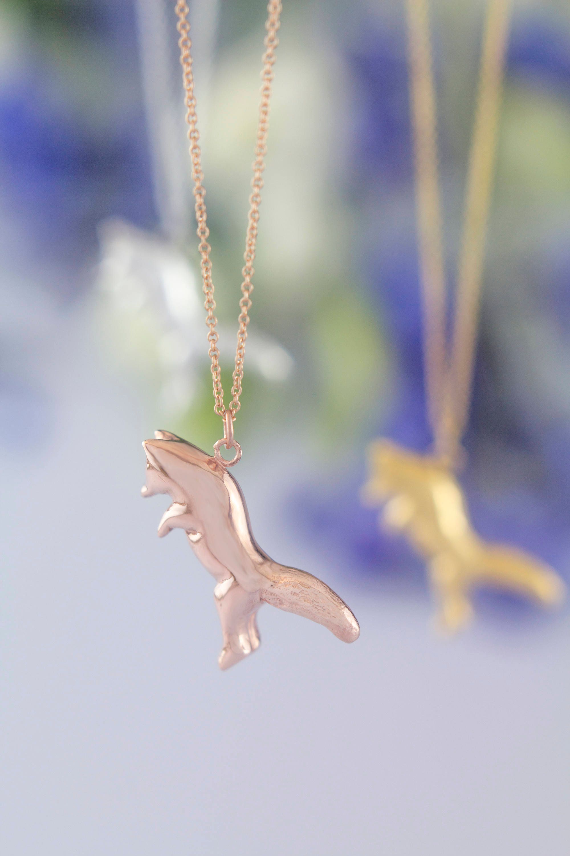 Rose Gold Jumping Fox Necklace | Hand Carved Design. Sterling Silver Necklace Personalised Animal Pendant By Rosalind Elunyd Jewellery