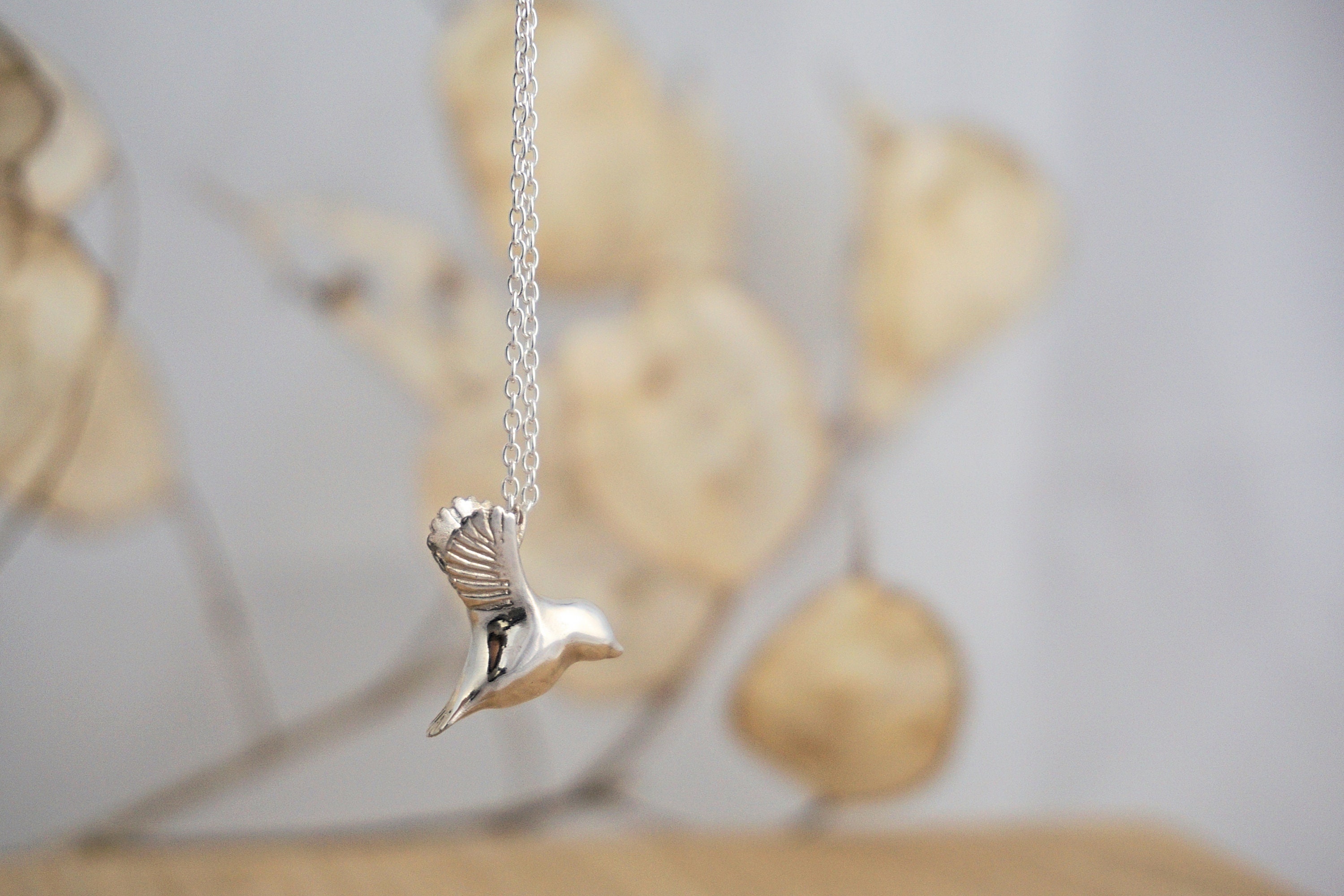 Flying Bird Necklace | Hand Carved Design Sterling Silver, Gold, Rose Gold Personalised Animal Pendant By Rosalind Elunyd Jewellery