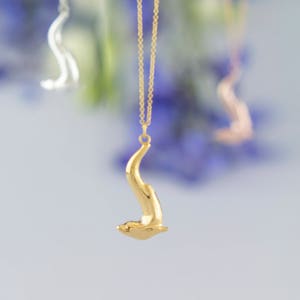 Gold Diving Otter Necklace | Hand Carved Design | Plated Solid Sterling Silver | Personalised Animal Pendant by Rosalind Elunyd Jewellery