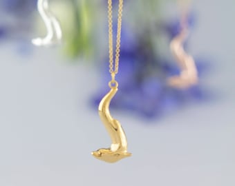 Gold Plated Diving Otter Necklace | Hand Carved Sterling Silver Animal Pendant