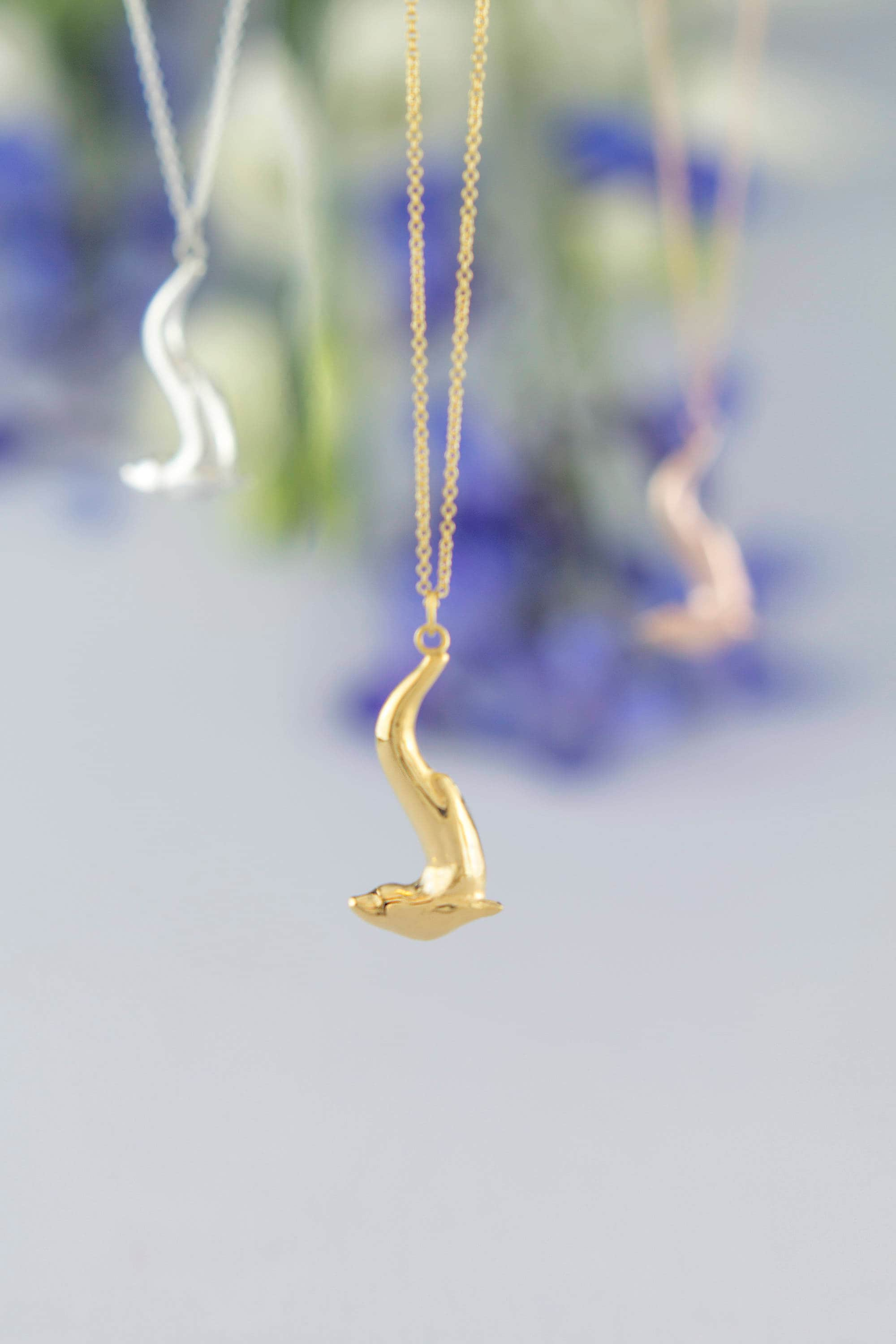 Gold Diving Otter Necklace | Hand Carved Design Plated Solid Sterling Silver Personalised Animal Pendant By Rosalind Elunyd Jewellery