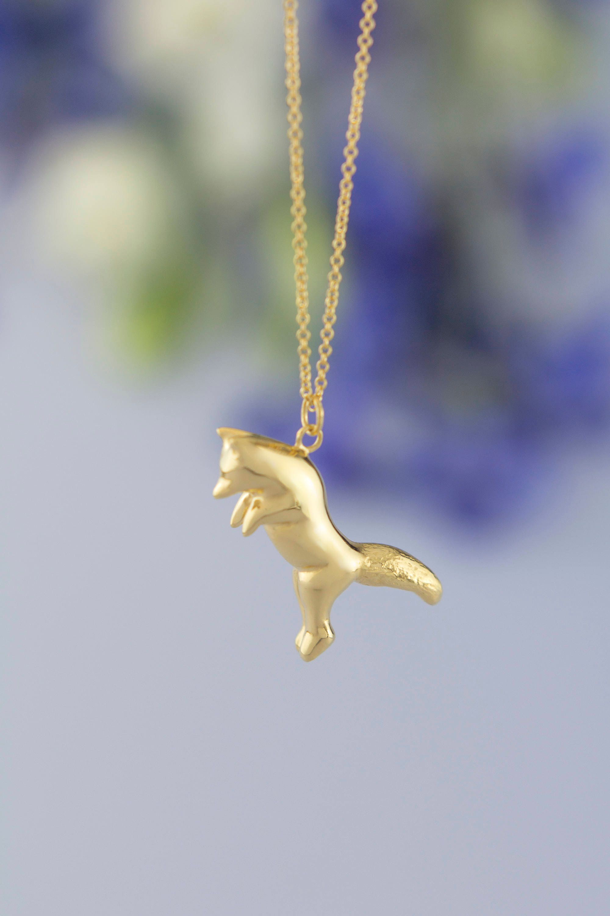 Solid Gold Pouncing Fox Necklace. 9Ct 18Ct Or 22Ct. Hand Carved Design. Wildlife Personalised Animal Pendant By Rosalind Elunyd Jewellery
