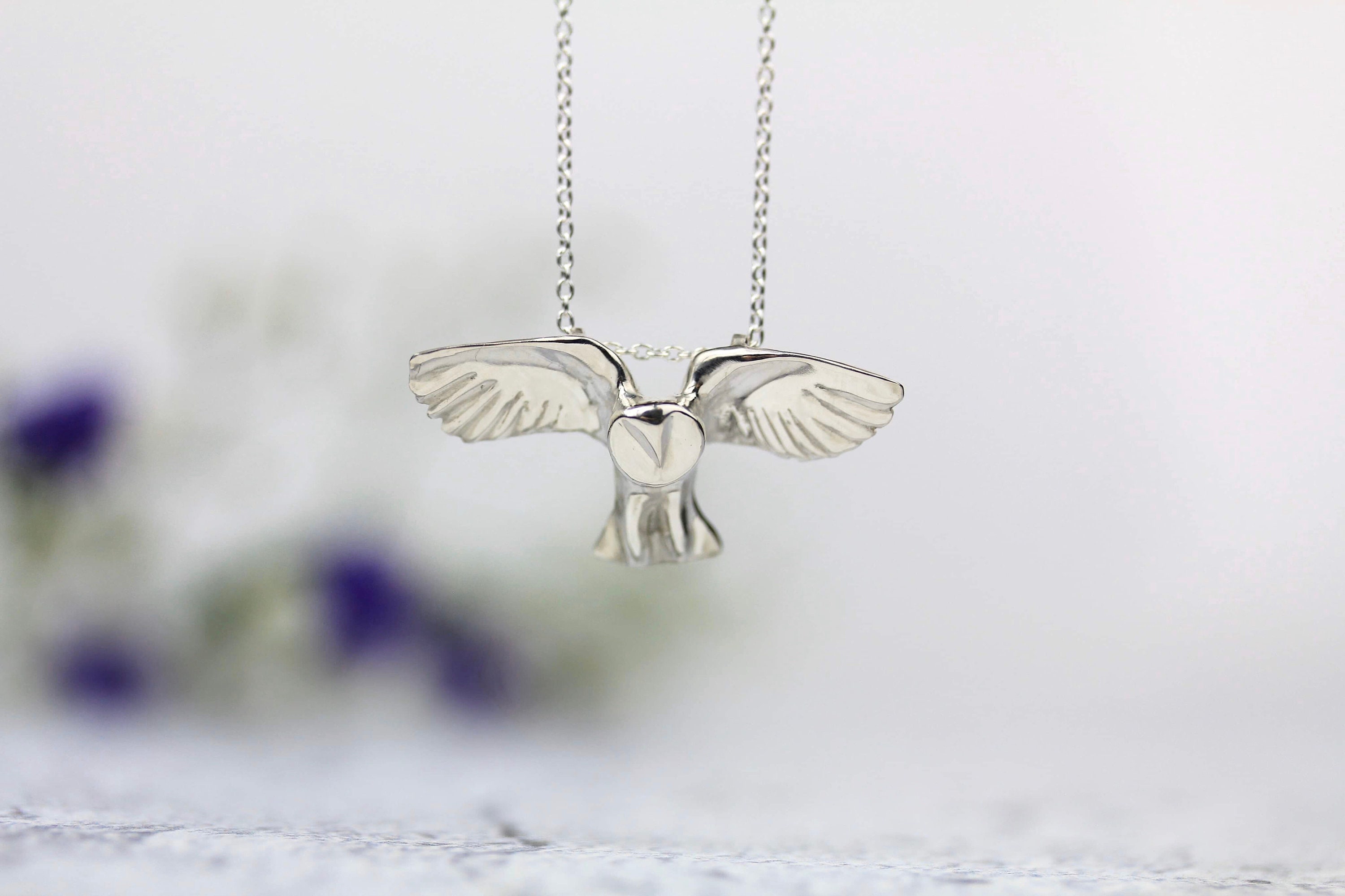 Barn Owl Necklace | Flying Pendant Hand Carved Nature Inspired Jewellery - Animal & Bird. By Rosalind Elunyd Usa