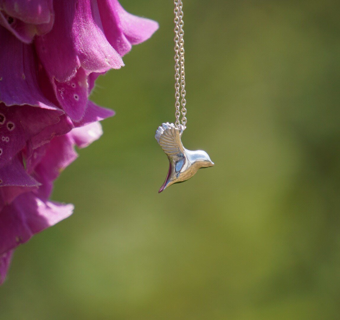 Flying Bird Necklace | Hand Carved Design in Sterling Silver, Gold, Rose Gold Personalised Animal Pendant By Rosalind Elunyd Jewellery