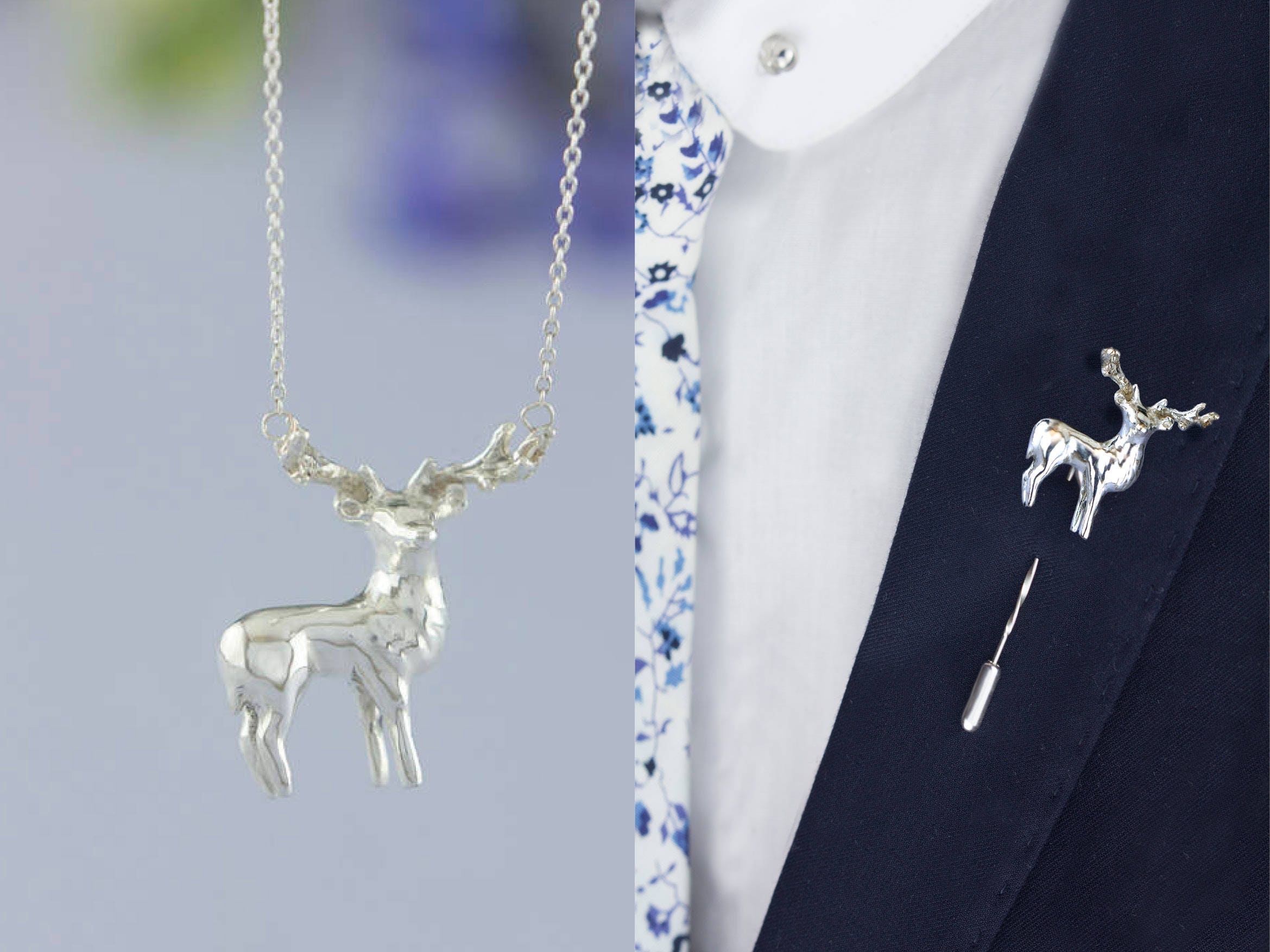 His & Hers Wedding Gift, Stag Deer Jewellery | Solid Silver Gold Rose Personalised Animal Gift - Rosalind Elunyd Jewellery
